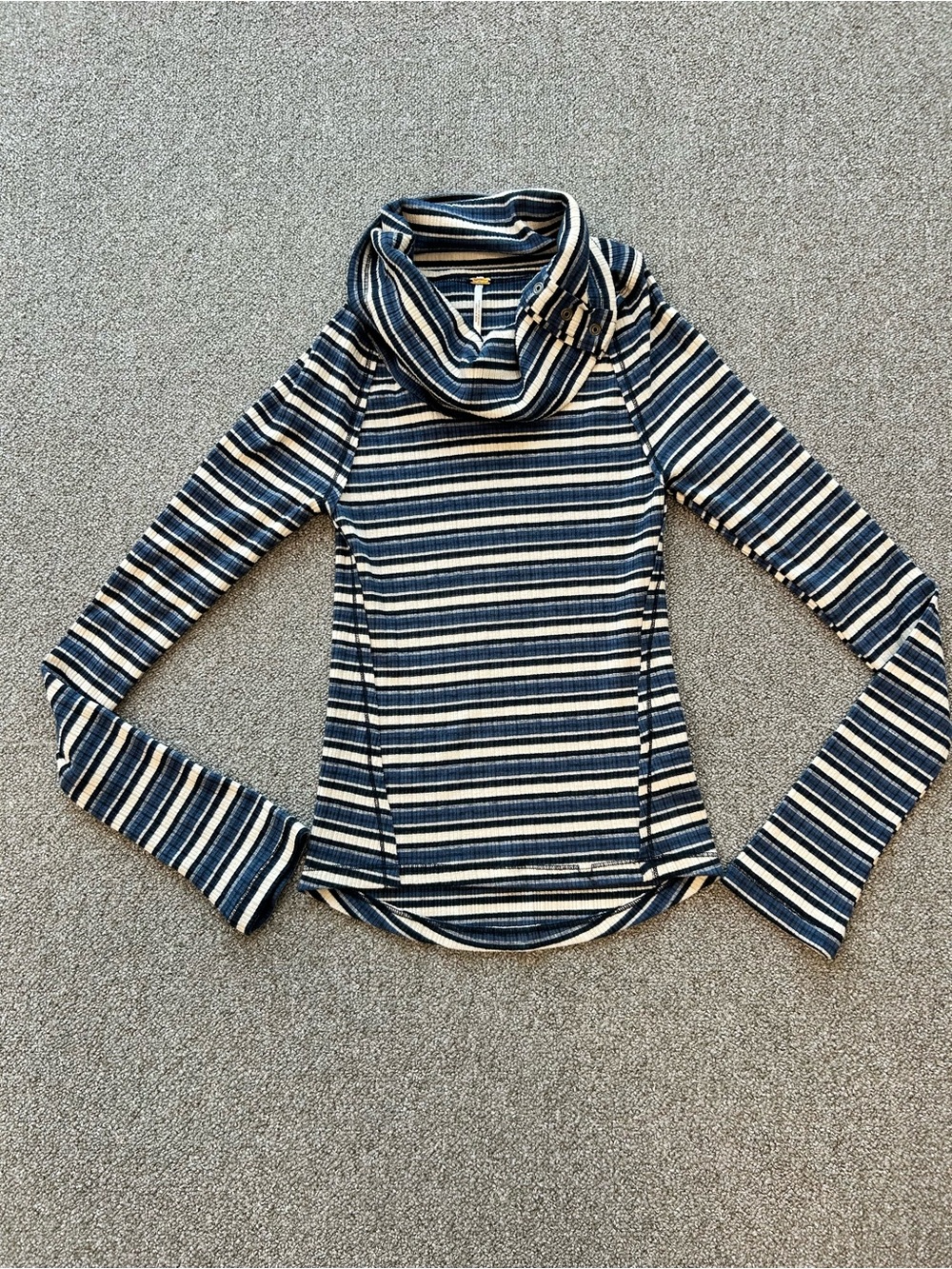 Free People Navy and Cream Striped Cowl Neck Long Sleeve Top